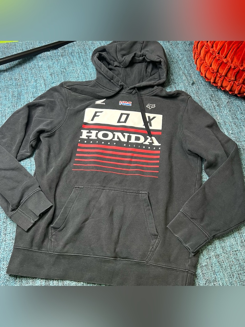 Fox Racing Honda Pullover Hoodie in Black Red Men's Size Medium Distressed Faded
